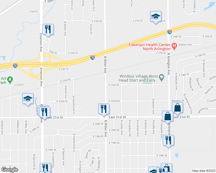 map of restaurants, bars, coffee shops, grocery stores, and more near 2275 North Ritter Avenue in Indianapolis