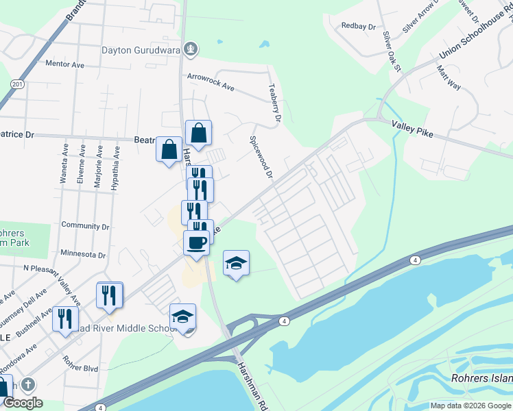 map of restaurants, bars, coffee shops, grocery stores, and more near 3308 Valley Street in Dayton