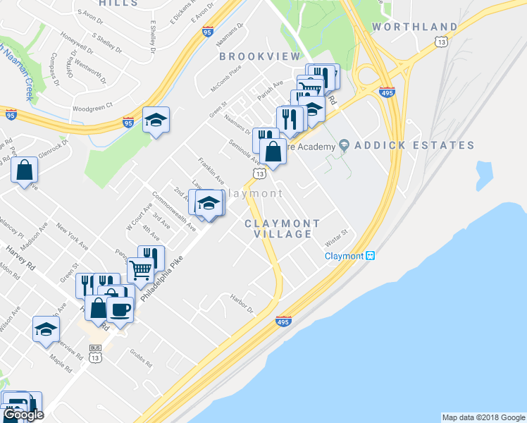 map of restaurants, bars, coffee shops, grocery stores, and more near Skipjack Lane in Claymont