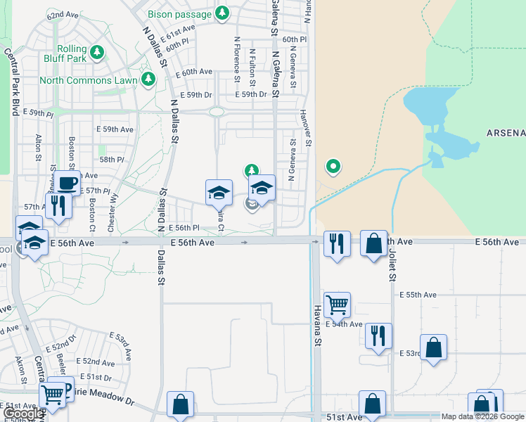 map of restaurants, bars, coffee shops, grocery stores, and more near 5677 North Galena Street in Denver