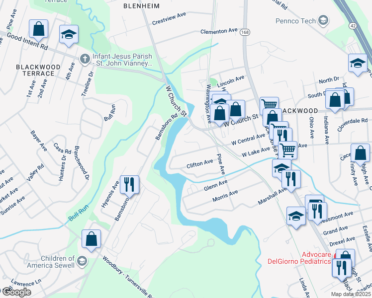 map of restaurants, bars, coffee shops, grocery stores, and more near 253 West Central Avenue in Blackwood