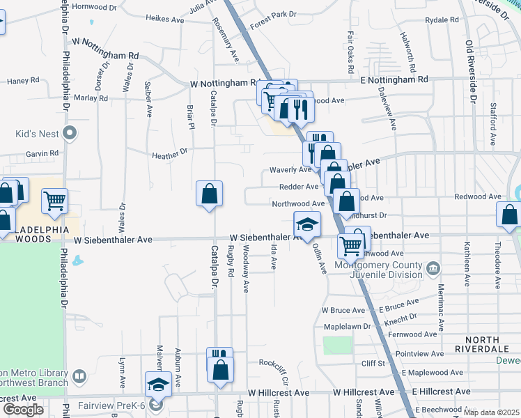 map of restaurants, bars, coffee shops, grocery stores, and more near 236 Northwood Avenue in Dayton