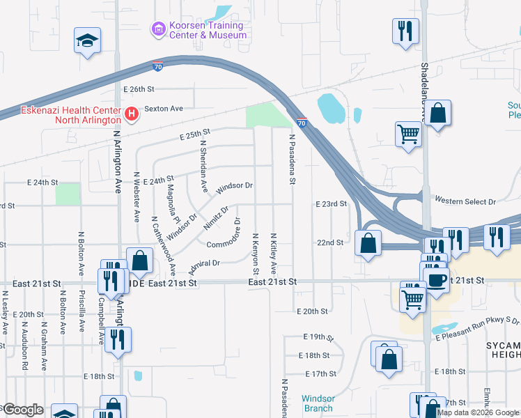 map of restaurants, bars, coffee shops, grocery stores, and more near 2226 North Kenyon Street in Indianapolis