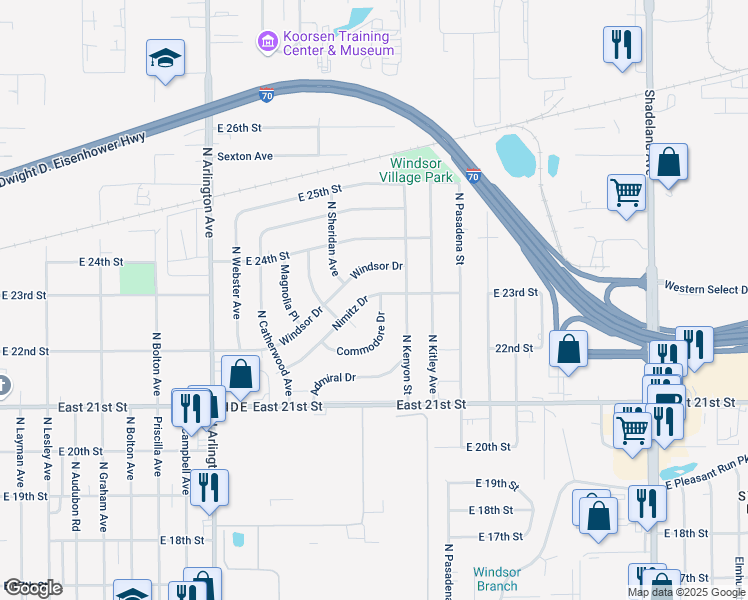 map of restaurants, bars, coffee shops, grocery stores, and more near 6189 Nimitz Drive in Indianapolis