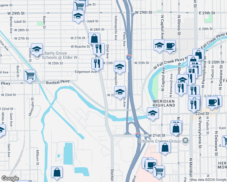 map of restaurants, bars, coffee shops, grocery stores, and more near 528 West 23rd Street in Indianapolis