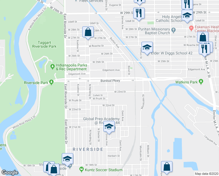 map of restaurants, bars, coffee shops, grocery stores, and more near 1250 West 23rd Street in Indianapolis