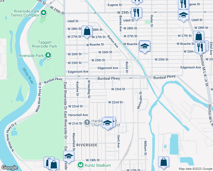 map of restaurants, bars, coffee shops, grocery stores, and more near 1308 West 23rd Street in Indianapolis