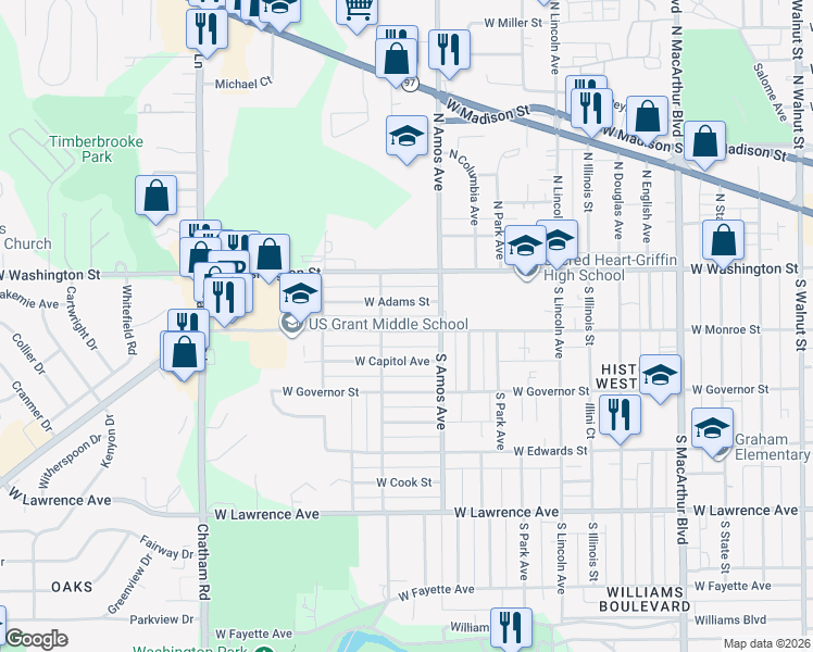 map of restaurants, bars, coffee shops, grocery stores, and more near 1532 West Monroe Street in Springfield
