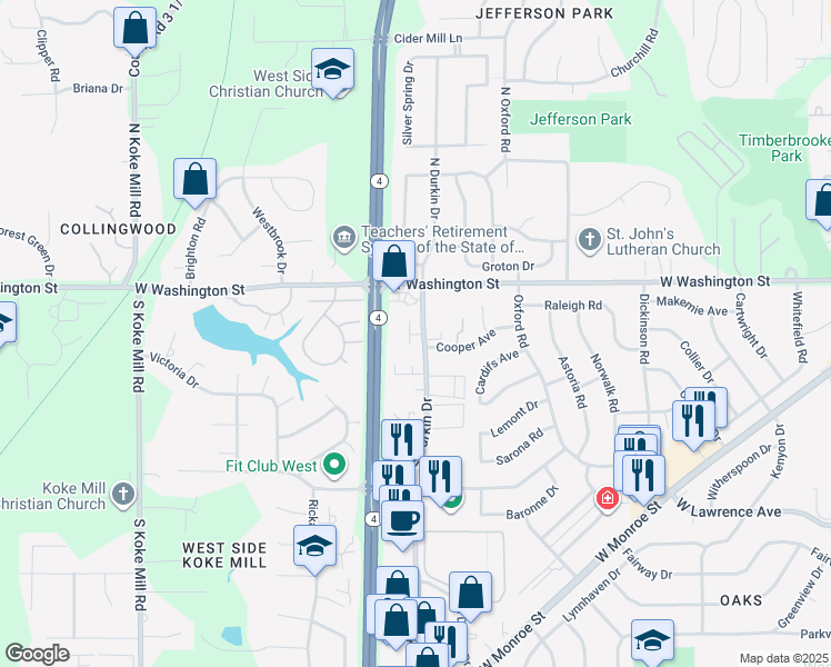 map of restaurants, bars, coffee shops, grocery stores, and more near 205 South Durkin Drive in Springfield