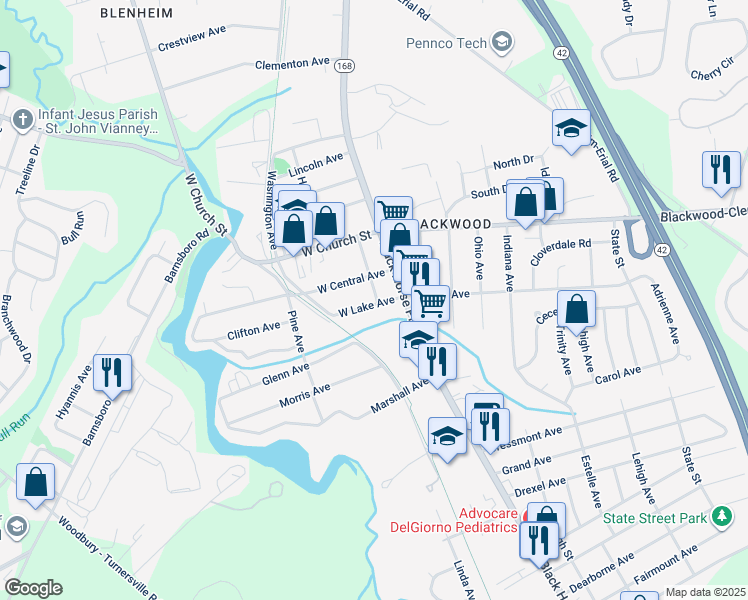 map of restaurants, bars, coffee shops, grocery stores, and more near 119 West Lake Avenue in Gloucester Township