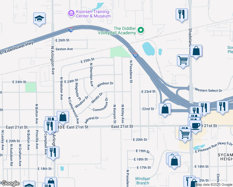 map of restaurants, bars, coffee shops, grocery stores, and more near 2226 North Kenyon Street in Indianapolis