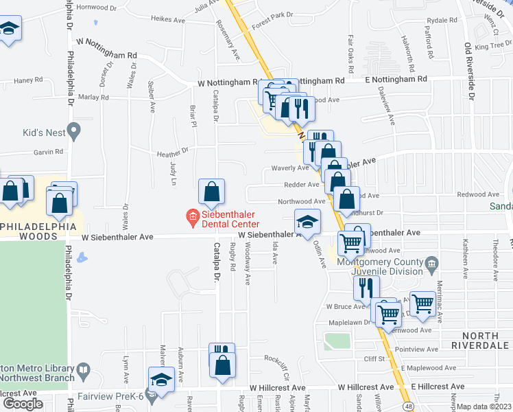 map of restaurants, bars, coffee shops, grocery stores, and more near 236 Northwood Avenue in Dayton