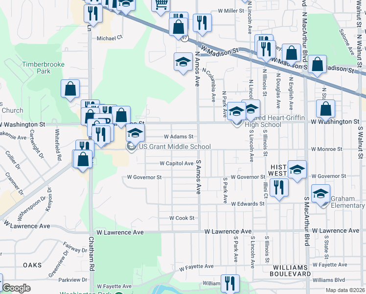 map of restaurants, bars, coffee shops, grocery stores, and more near 1532 West Monroe Street in Springfield