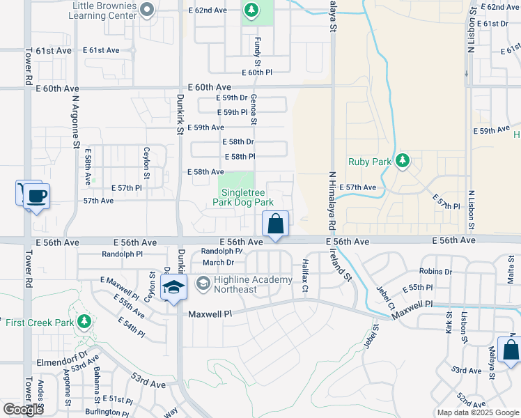 map of restaurants, bars, coffee shops, grocery stores, and more near 5705 Genoa Way in Aurora