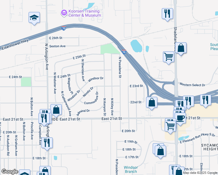 map of restaurants, bars, coffee shops, grocery stores, and more near 2222 North Kitley Avenue in Indianapolis
