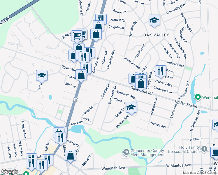 map of restaurants, bars, coffee shops, grocery stores, and more near 705 Glenside Drive in Wenonah