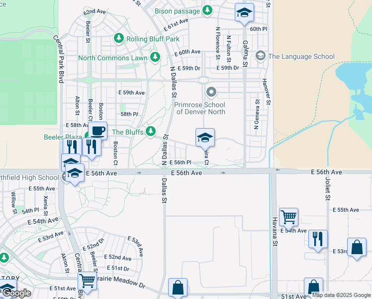 map of restaurants, bars, coffee shops, grocery stores, and more near 5688 North Emporia Street in Denver