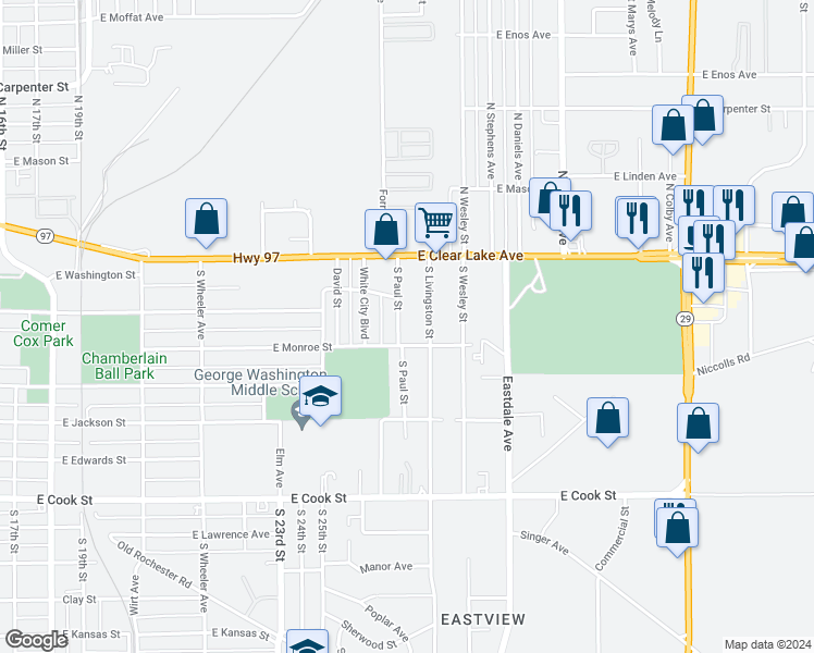 map of restaurants, bars, coffee shops, grocery stores, and more near 220 South Paul Street in Springfield