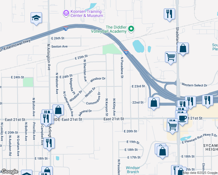 map of restaurants, bars, coffee shops, grocery stores, and more near 2226 North Kenyon Street in Indianapolis