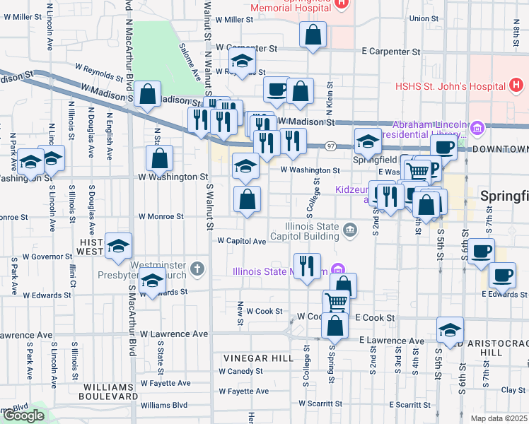 map of restaurants, bars, coffee shops, grocery stores, and more near 501 West Monroe Street in Springfield