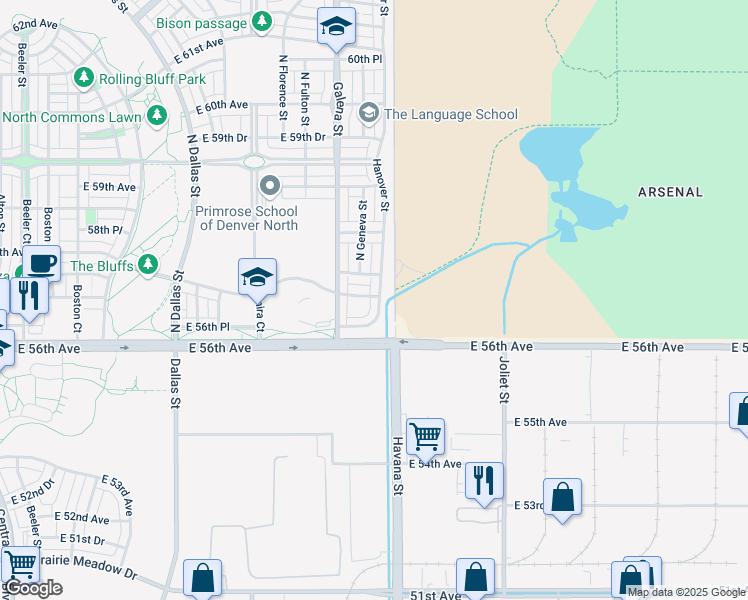 map of restaurants, bars, coffee shops, grocery stores, and more near 5695 Hanover Street in Denver