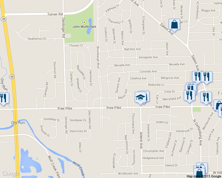 map of restaurants, bars, coffee shops, grocery stores, and more near 3646 Nevada Avenue in Dayton