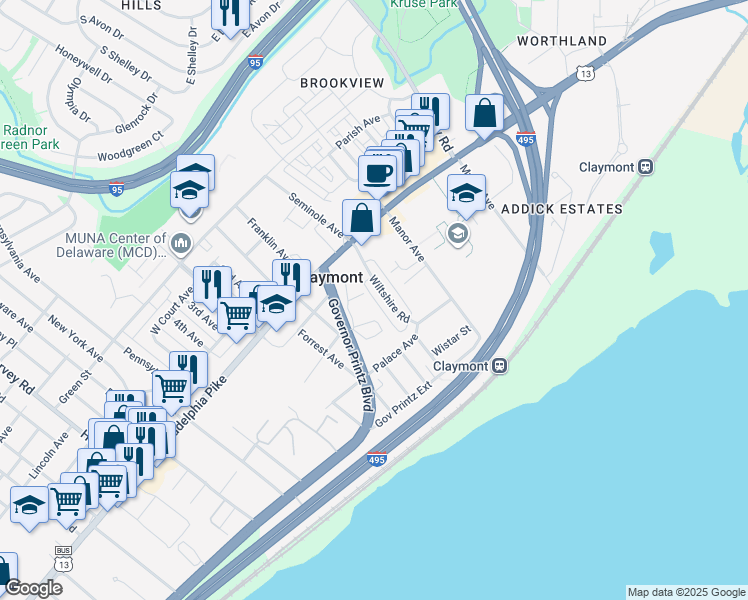 map of restaurants, bars, coffee shops, grocery stores, and more near Claymont Village Service Road in Claymont