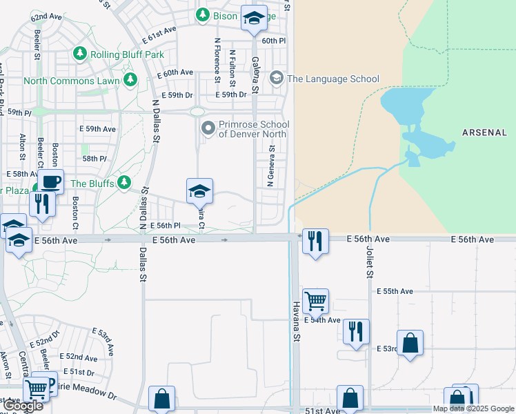 map of restaurants, bars, coffee shops, grocery stores, and more near 10288 East 57th Avenue in Denver