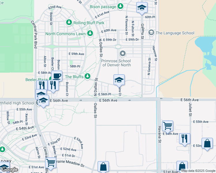 map of restaurants, bars, coffee shops, grocery stores, and more near 9703 East 56th Avenue in Denver