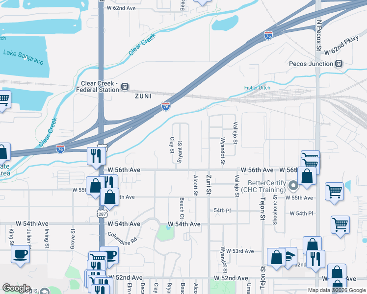 map of restaurants, bars, coffee shops, grocery stores, and more near 5667 Alcott Street in Denver