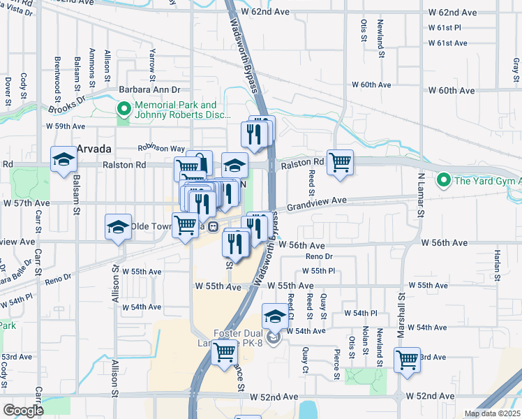 map of restaurants, bars, coffee shops, grocery stores, and more near 5584 Olde Wadsworth Boulevard in Arvada
