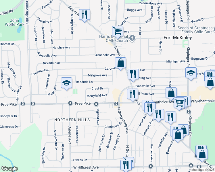 map of restaurants, bars, coffee shops, grocery stores, and more near 4042 Crest Drive in Dayton
