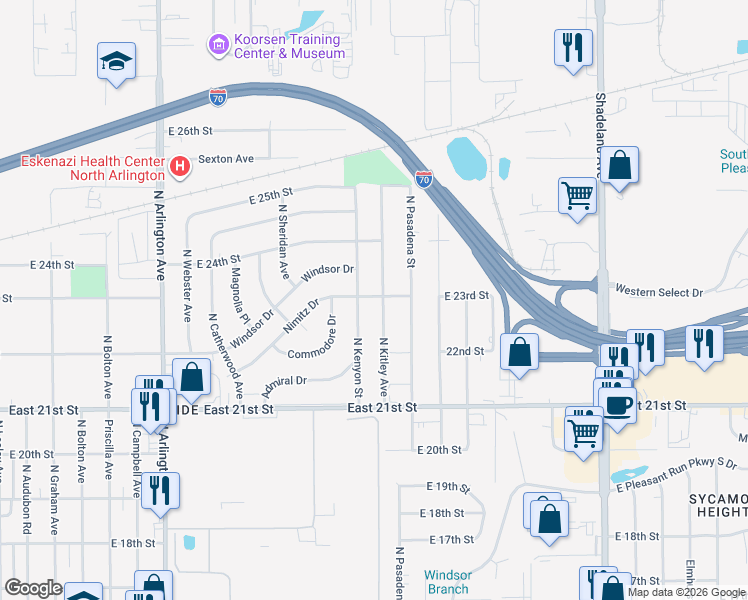 map of restaurants, bars, coffee shops, grocery stores, and more near 2222 North Kitley Avenue in Indianapolis