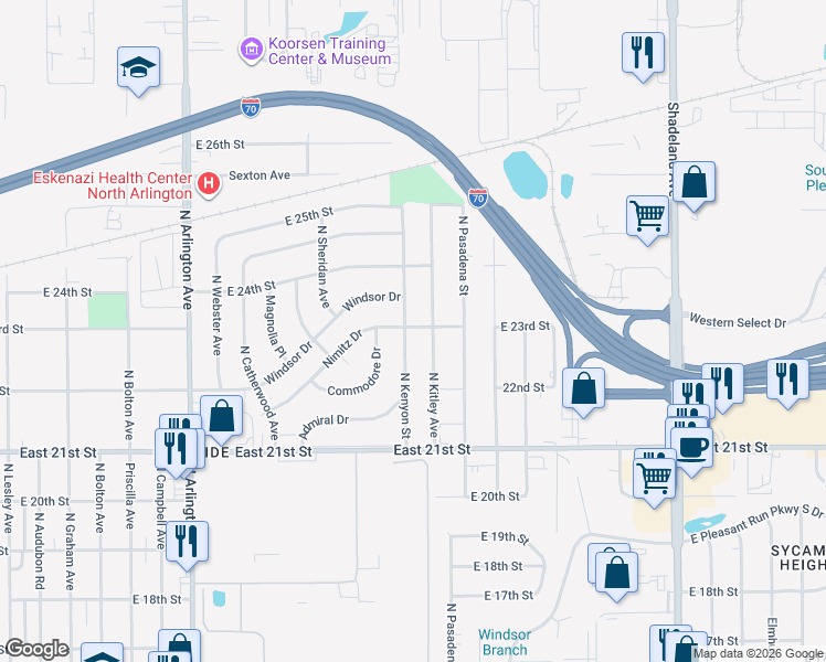 map of restaurants, bars, coffee shops, grocery stores, and more near 2226 North Kenyon Street in Indianapolis
