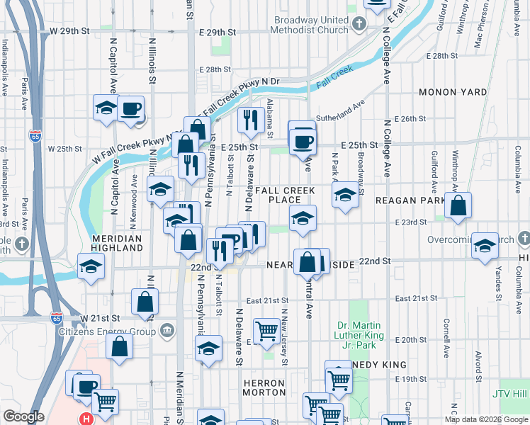 map of restaurants, bars, coffee shops, grocery stores, and more near 230 East 23rd Street in Indianapolis