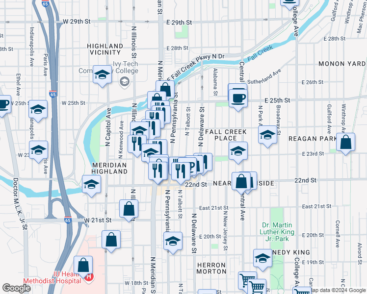 map of restaurants, bars, coffee shops, grocery stores, and more near 2309 North Talbott Street in Indianapolis