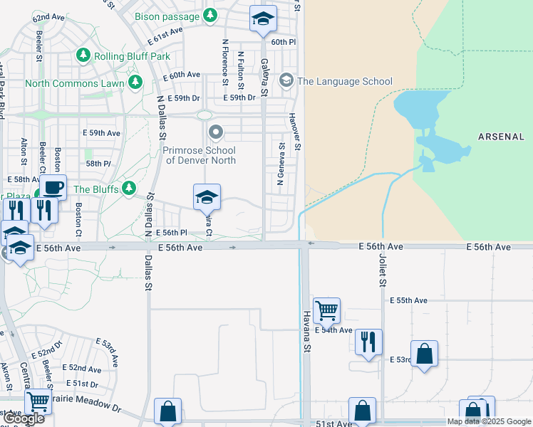 map of restaurants, bars, coffee shops, grocery stores, and more near 5686 North Galena Street in Denver