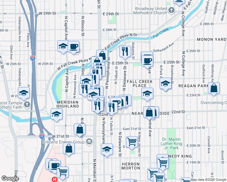 map of restaurants, bars, coffee shops, grocery stores, and more near 2309 North Talbott Street in Indianapolis