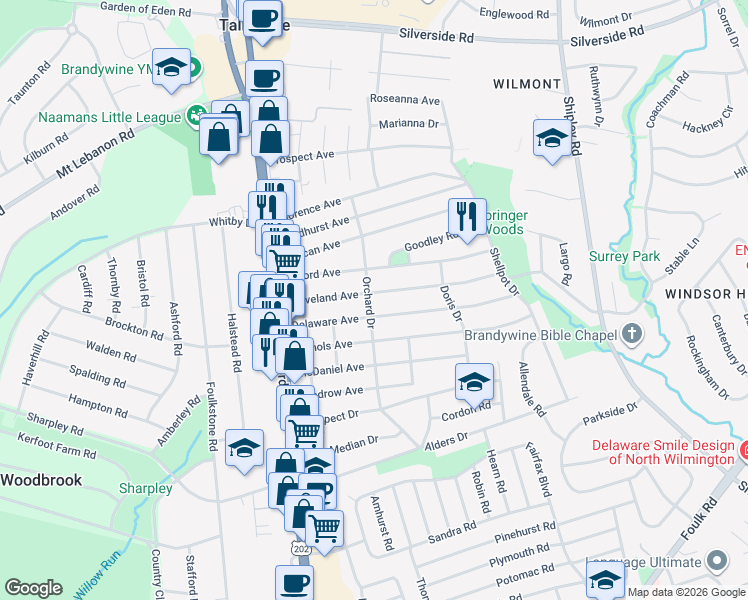 map of restaurants, bars, coffee shops, grocery stores, and more near 307 Delaware Avenue in Wilmington