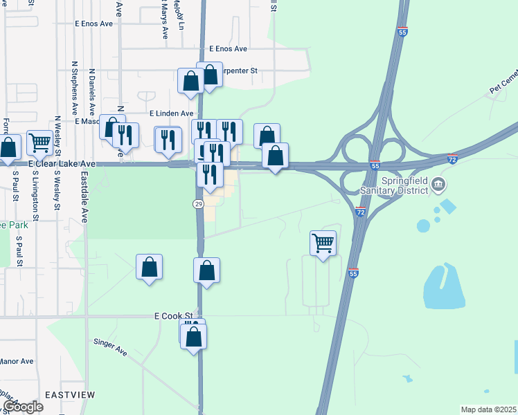 map of restaurants, bars, coffee shops, grocery stores, and more near 3250 East Clear Lake Avenue in Springfield