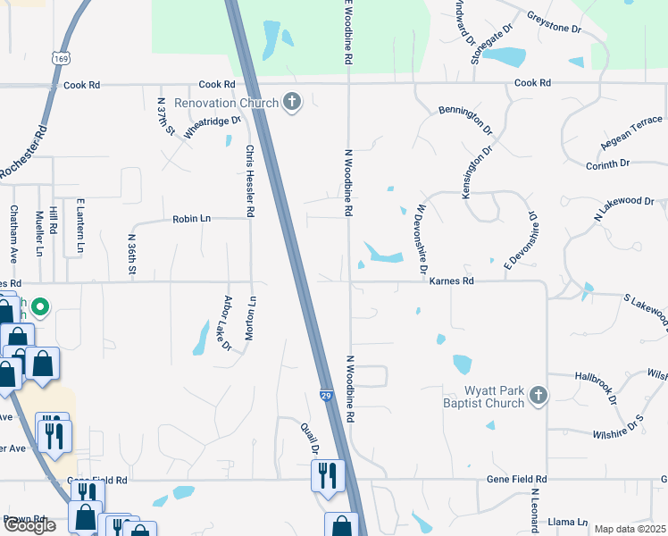 map of restaurants, bars, coffee shops, grocery stores, and more near 3302 North Woodbine Road in Saint Joseph