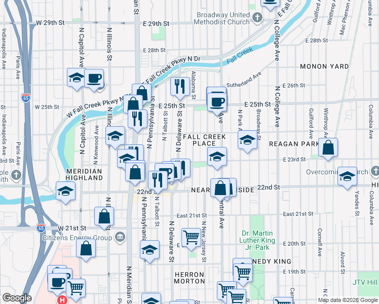 map of restaurants, bars, coffee shops, grocery stores, and more near 230 East 23rd Street in Indianapolis