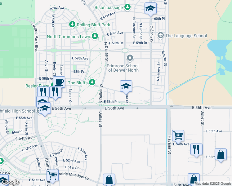 map of restaurants, bars, coffee shops, grocery stores, and more near 5688 North Emporia Street in Denver