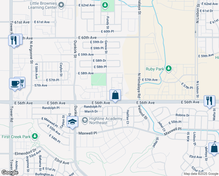 map of restaurants, bars, coffee shops, grocery stores, and more near 3707 Genoa Way in Aurora