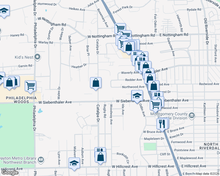 map of restaurants, bars, coffee shops, grocery stores, and more near 258 Northwood Avenue in Dayton