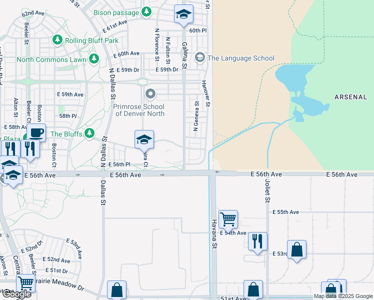 map of restaurants, bars, coffee shops, grocery stores, and more near 5692 Galena Street in Denver