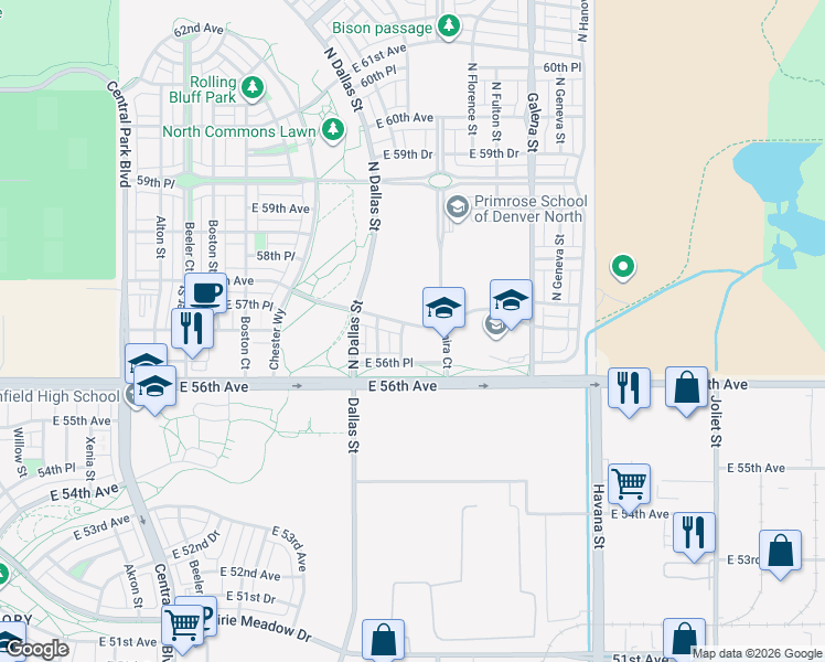 map of restaurants, bars, coffee shops, grocery stores, and more near 9815 East 56th Place in Denver