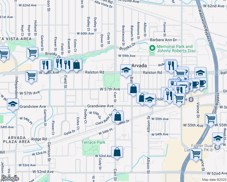 map of restaurants, bars, coffee shops, grocery stores, and more near 5650 Cody Street in Arvada
