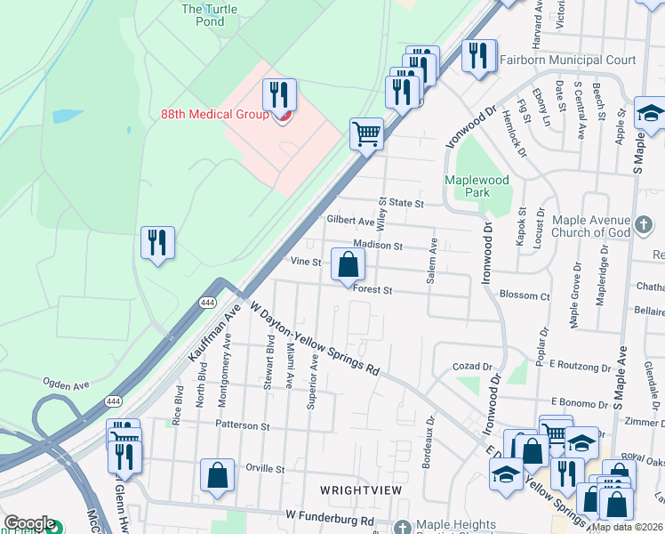map of restaurants, bars, coffee shops, grocery stores, and more near 355 Forest Street in Fairborn