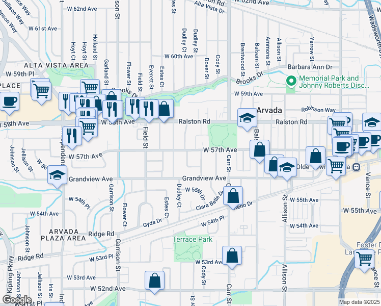map of restaurants, bars, coffee shops, grocery stores, and more near 8660 West 57th Avenue in Arvada